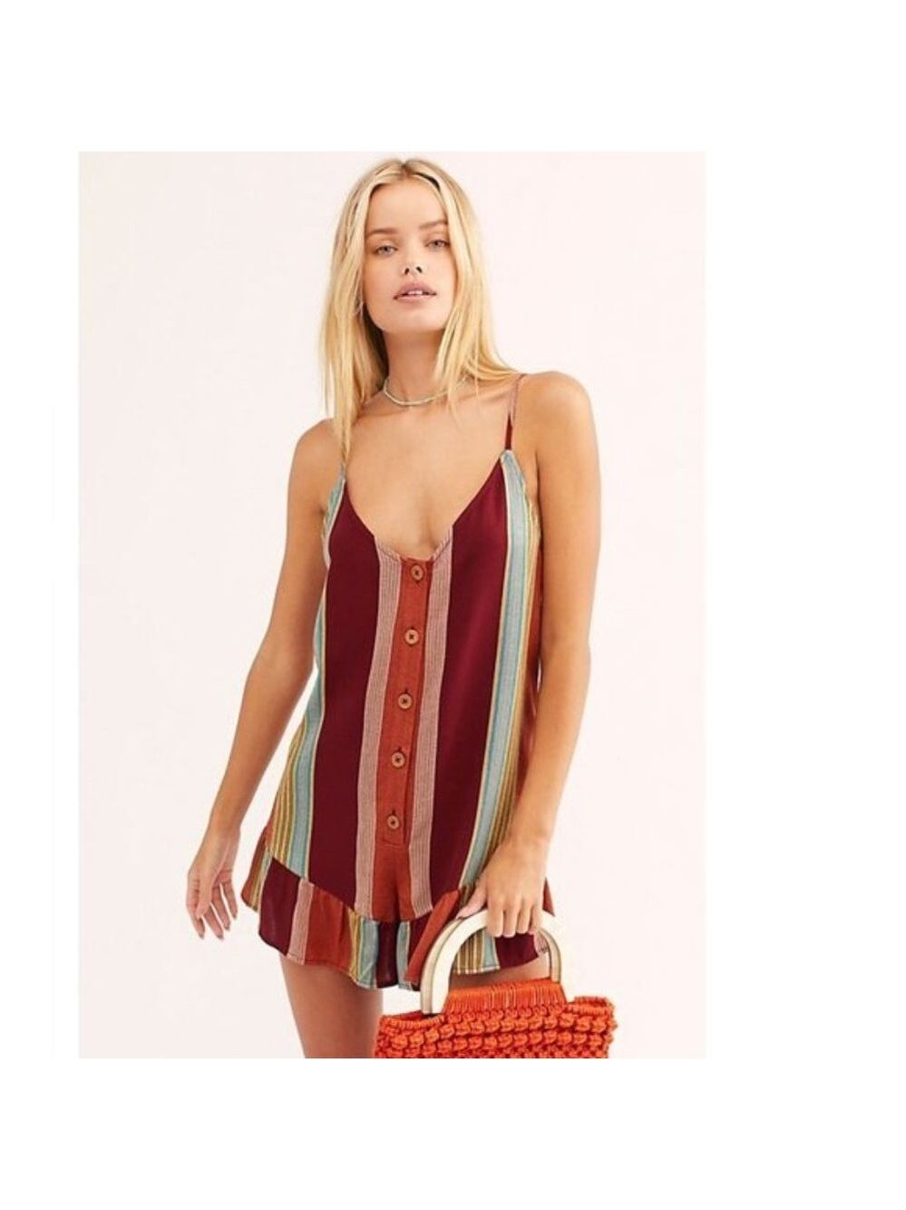 Free People Women's Striped Button Down Romper - Picture 1 of 7